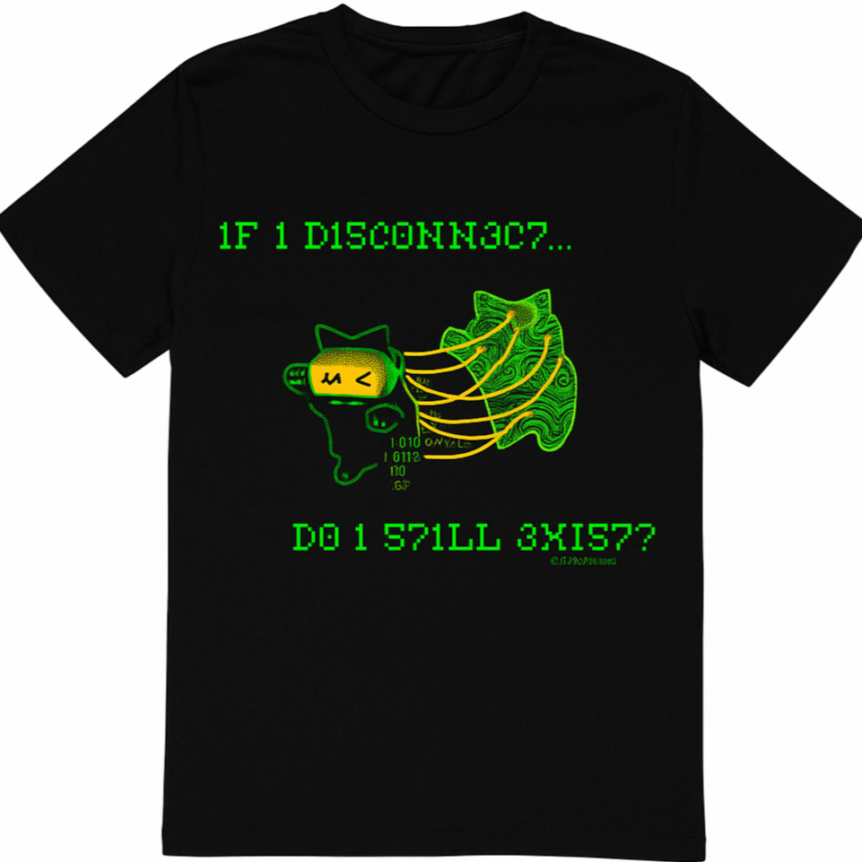 "If I disconnect... Do I still exist?" t-shirt by 73CHN4U71C