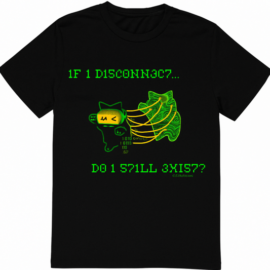 "If I disconnect... Do I still exist?" t-shirt by 73CHN4U71C